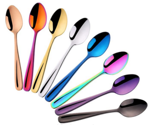 set of eight small spoons in copper, gold, silver, blue, purple, rainbow, etc.