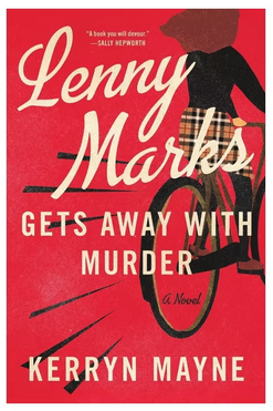 cover of the book Lenny Marks Gets Away with Murder; it is red, with a collage-like picture of a girl in a Burberry plaid skirt and black shirt riding away on a bicycle