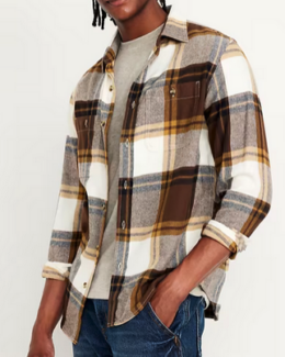 plaid flannel shirt, mostly brown and white with a thin accent line of golden yellow